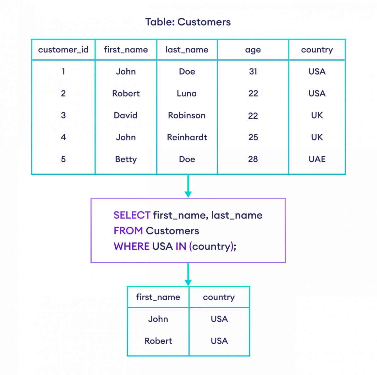 如何在 SQL 中使用带有值的 IN 运算符